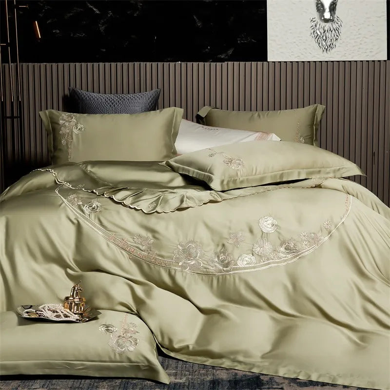 Elegant Floral Embroidered Silky Soft Natural Eucalyptus Lyocell Bedding Set