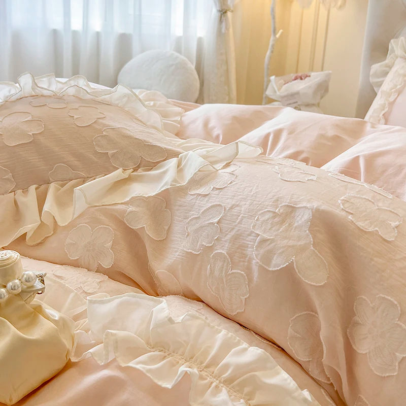 Pink Princess Flowers Embroidered Lace Cotton Wedding Duvet Cover Bedding Set