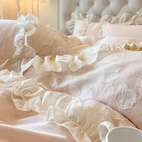 Thumbnail for Pink Princess Flowers Embroidered Lace Cotton Wedding Duvet Cover Bedding Set