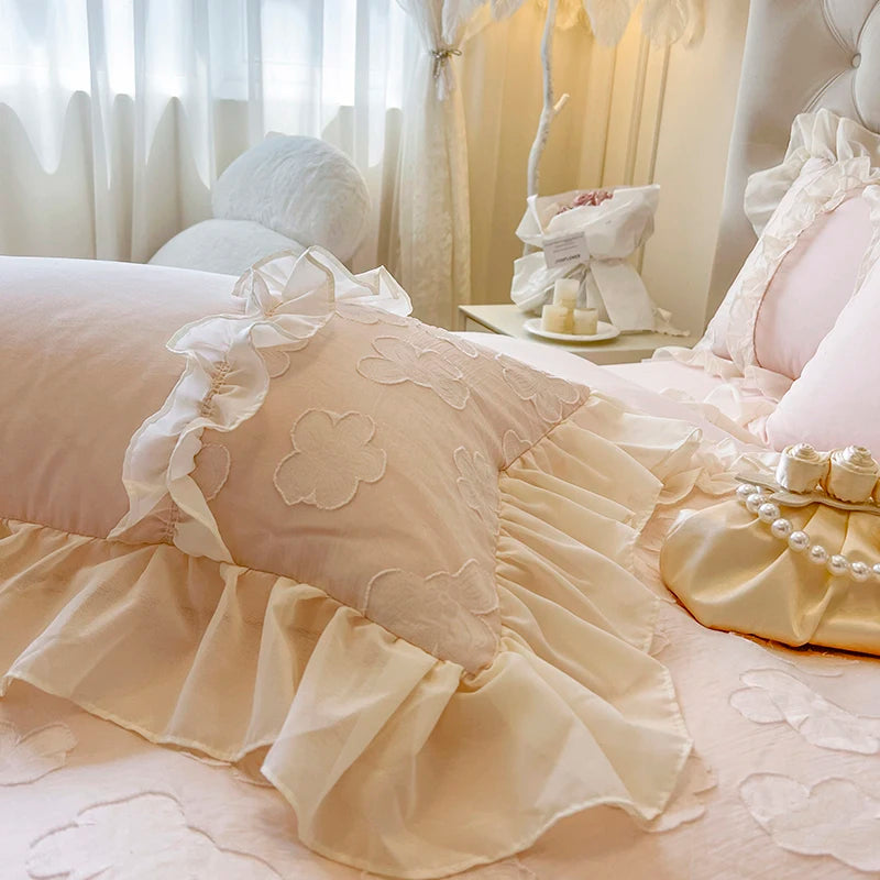 Pink Princess Flowers Embroidered Lace Cotton Wedding Duvet Cover Bedding Set