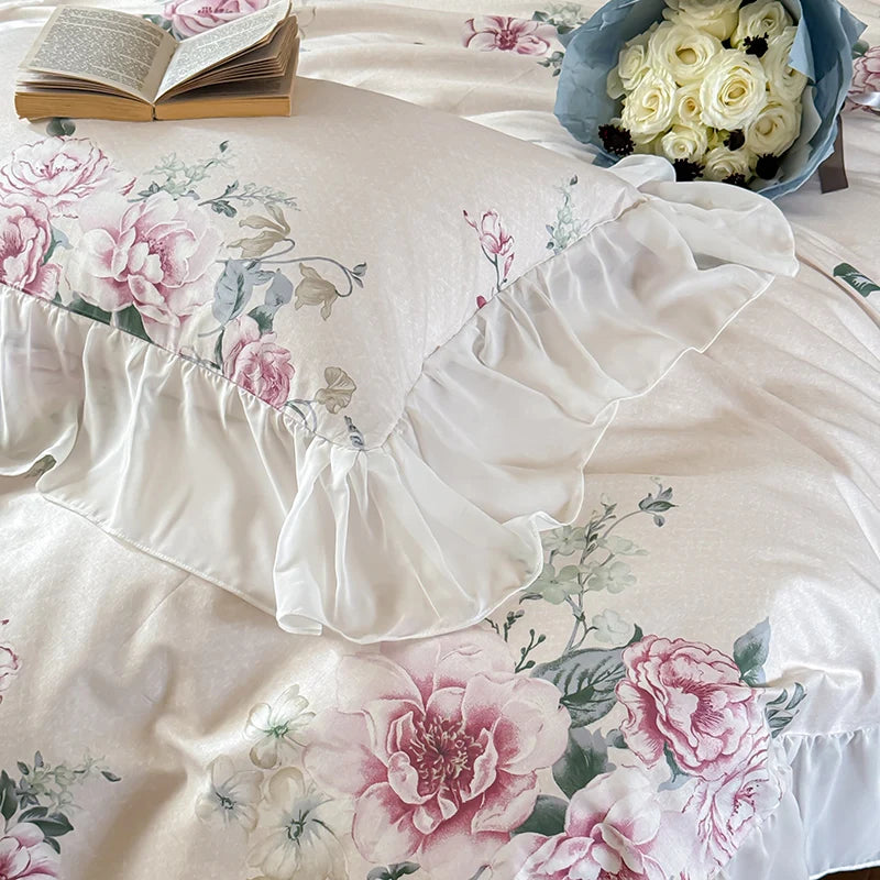 Elegant Vintage Rose Flowers Lace Ruffles Princess Cotton Duvet cover Bedding set