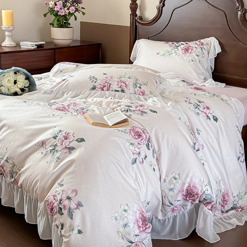 Elegant Vintage Rose Flowers Lace Ruffles Princess Cotton Duvet cover Bedding set