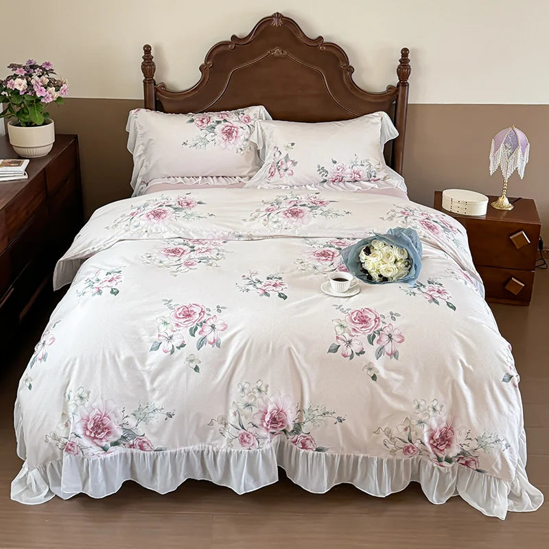 Elegant Vintage Rose Flowers Lace Ruffles Princess Cotton Duvet cover Bedding set