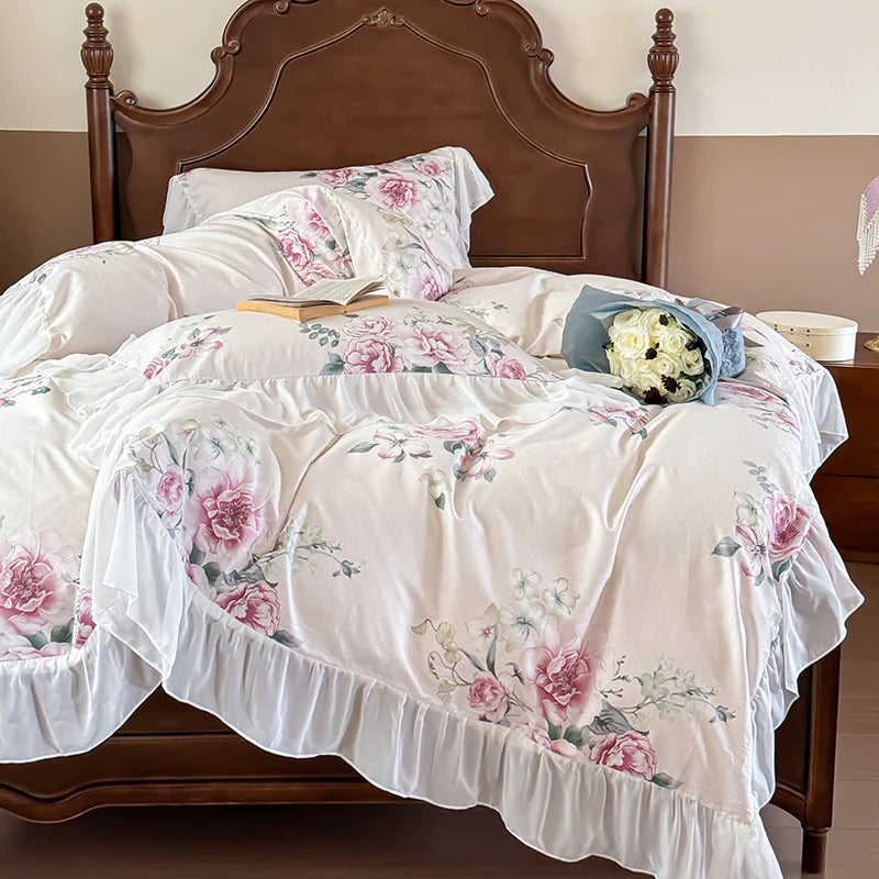 Elegant Vintage Rose Flowers Lace Ruffles Princess Cotton Duvet cover Bedding set