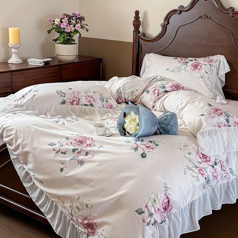 Elegant Vintage Rose Flowers Lace Ruffles Princess Cotton Duvet cover Bedding set