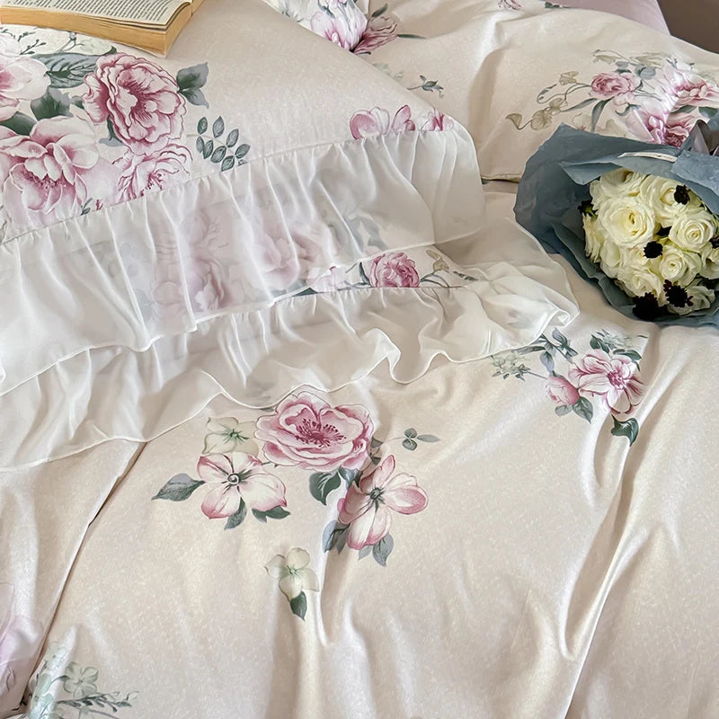 Elegant Vintage Rose Flowers Lace Ruffles Princess Cotton Duvet cover Bedding set