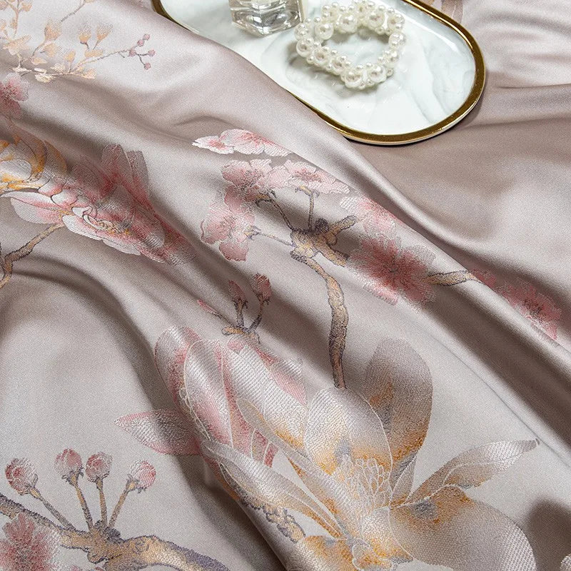 Luxury Pink Silver Floral European Jacquard Satin Bedding set