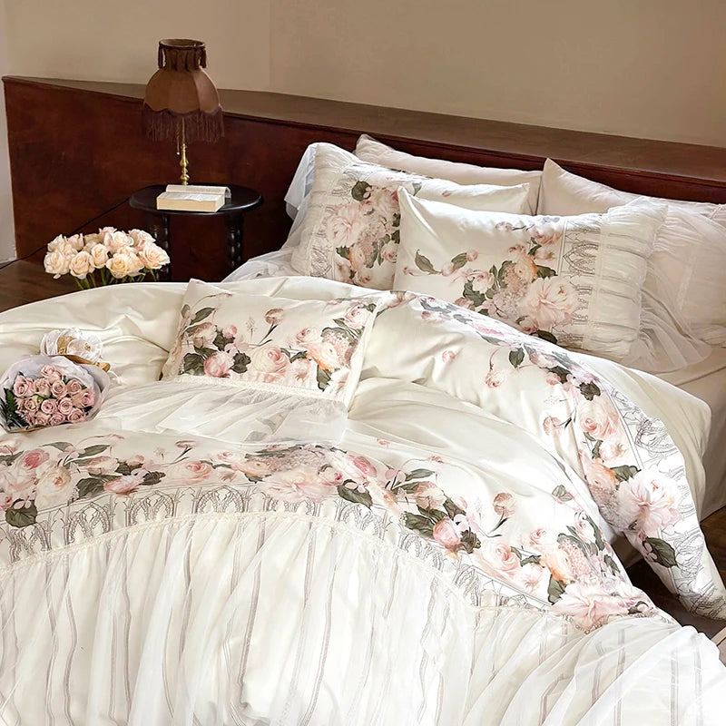 Romantic Rose Flowers Print Lyocell Cotton Silky Wedding Bedding Set