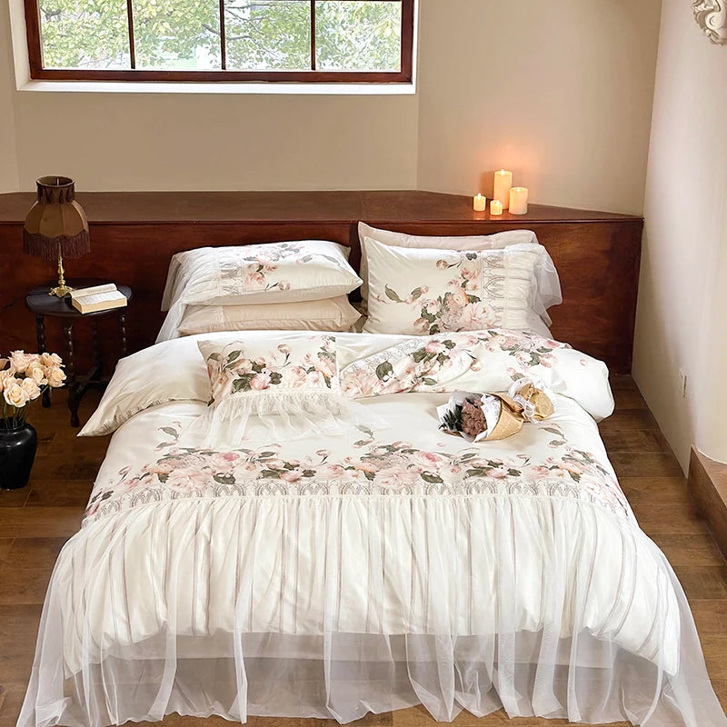 Romantic Rose Flowers Print Lyocell Cotton Silky Wedding Bedding Set