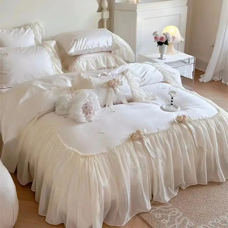 Premium White Romantic Rose Ruffled Wedding 1200TC Egyptian Cotton Bedding Set