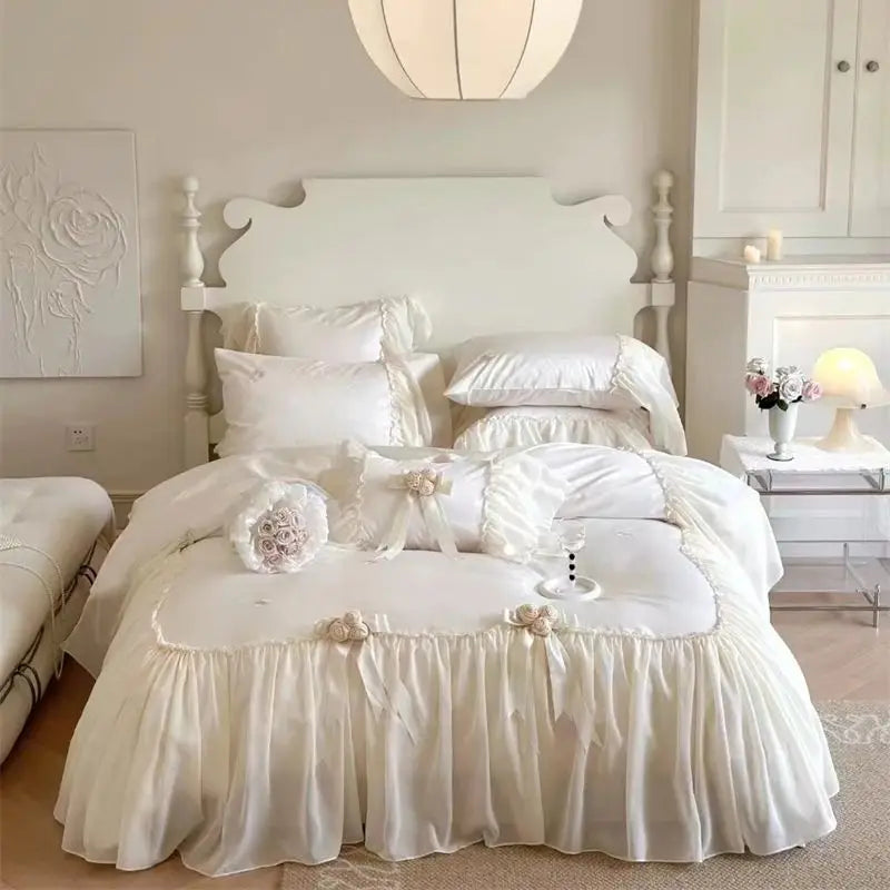 Premium White Romantic Rose Ruffled Wedding 1200TC Egyptian Cotton Bedding Set