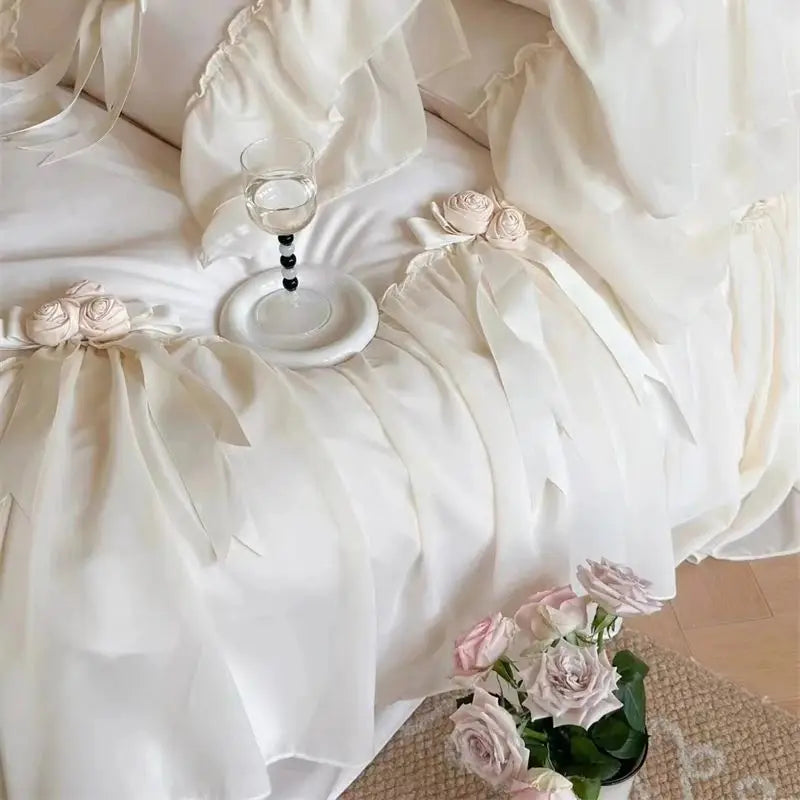 Premium White Romantic Rose Ruffled Wedding 1200TC Egyptian Cotton Bedding Set