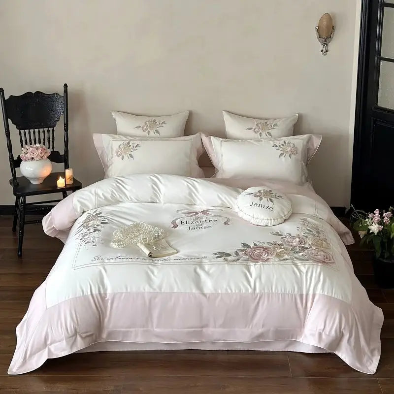 Victorian Peony Flowers Embroidered Princess Egyptian Cotton 1000TC Bedding Set