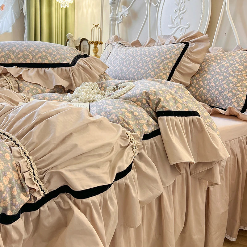 Elegant British Pastoral Flower Duvet Cover Set, Cotton Bedding Set