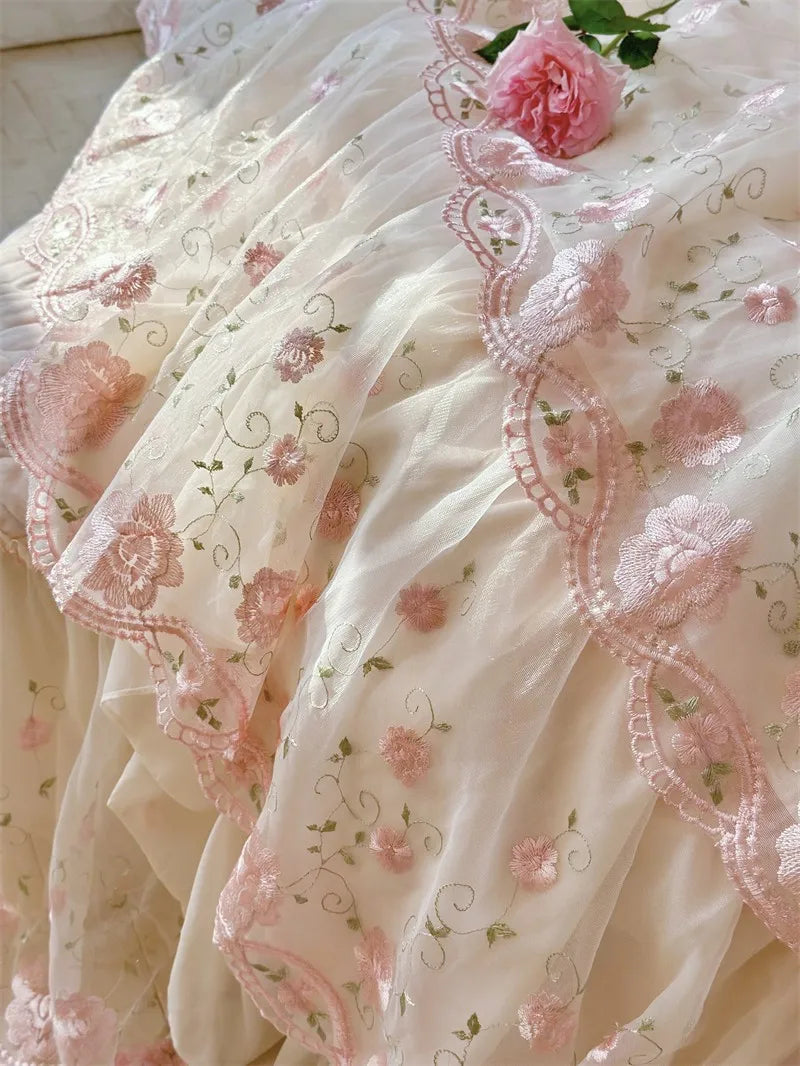 Victorian Pink Floral Crystal Velvet Bedskirt Bedding Set