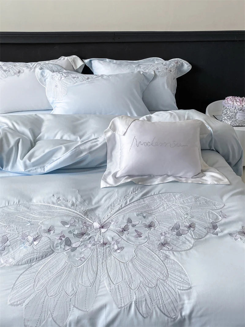 Chic White Butterfly Embroidered Luxury Lyocell Fabric Bedding Set