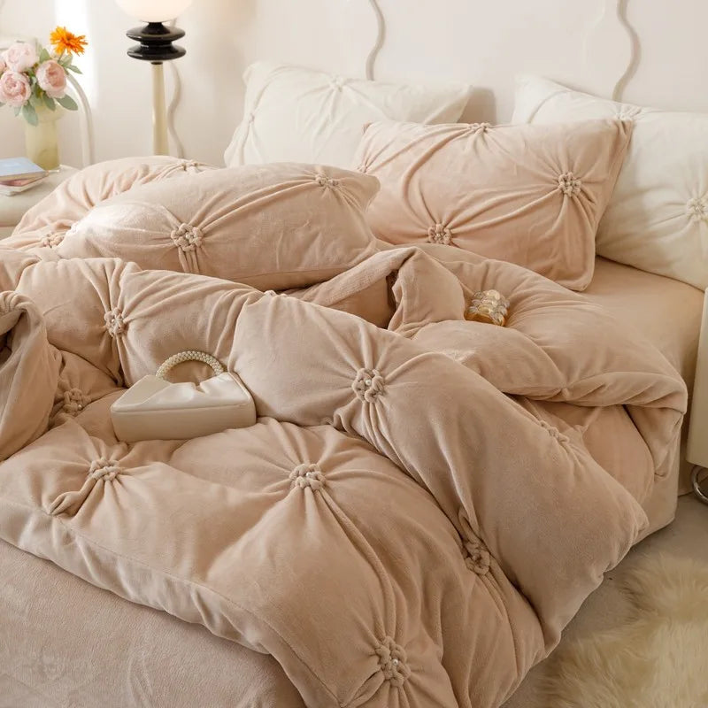 Beige Modern Warm Velvet Fluffy Flower Pleated Pearl Bedding Set