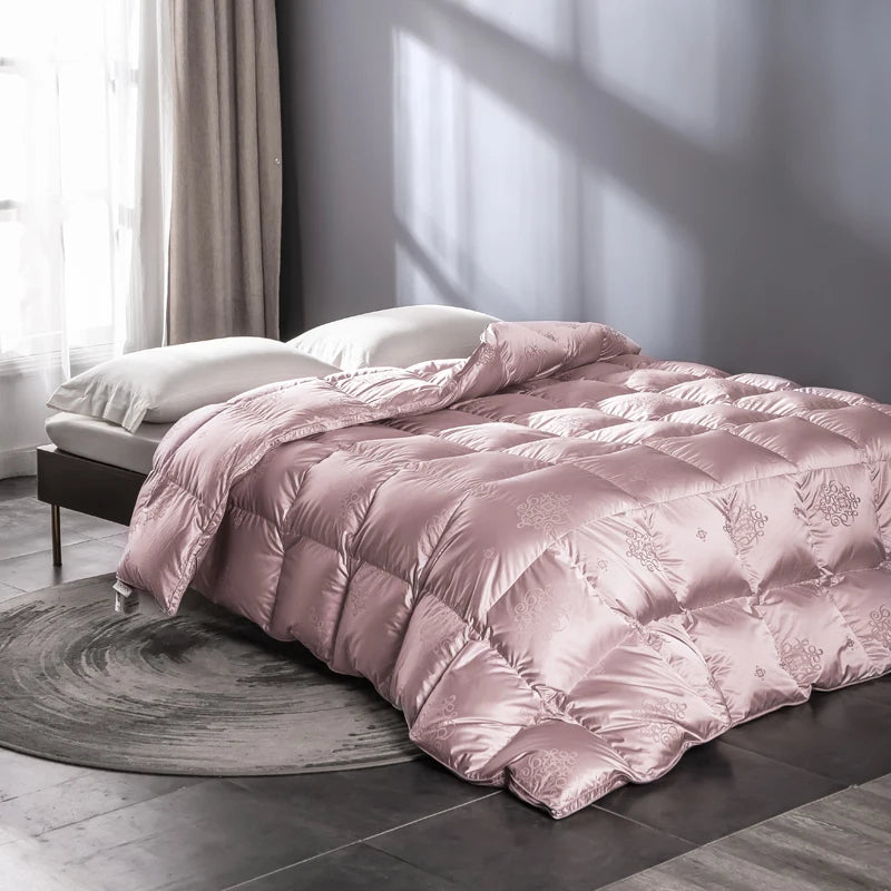 Light Pink Champagne Goose Down Comforter Fluffy Cozy Jacquard Bedding Set