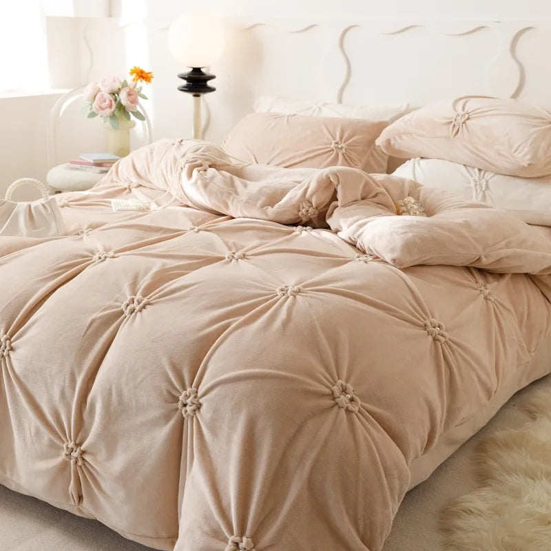 Beige Modern Warm Velvet Fluffy Flower Pleated Pearl Bedding Set