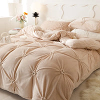 Thumbnail for Beige Modern Warm Velvet Fluffy Flower Pleated Pearl Bedding Set