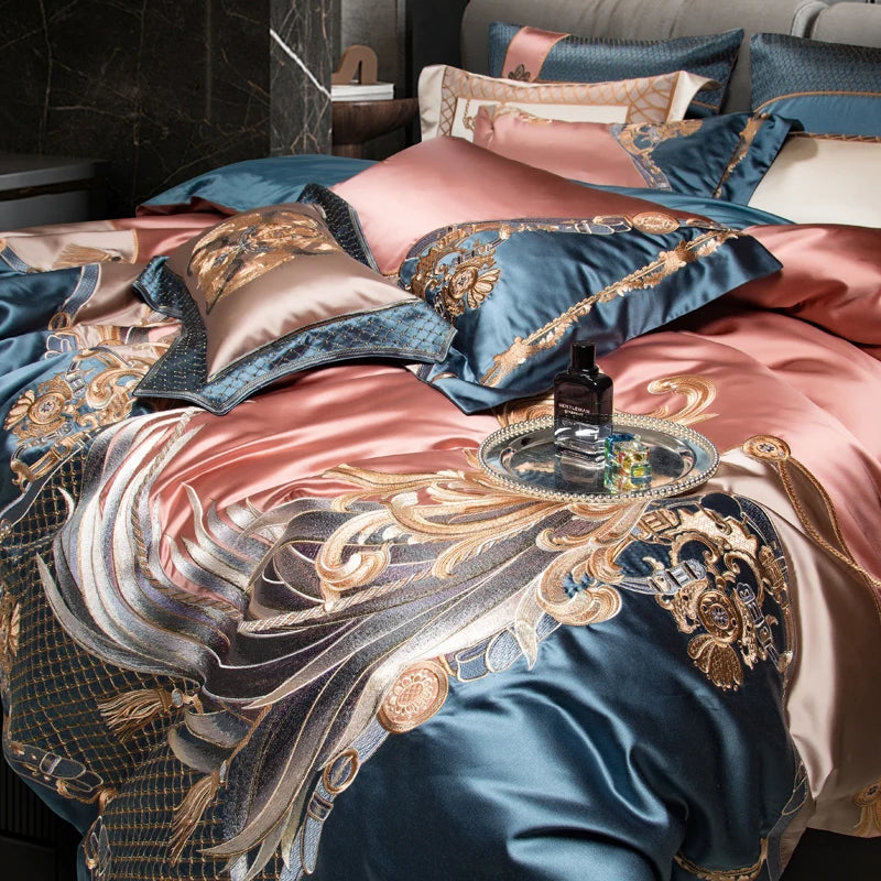 Gorgeous Pink Gold European Palace Embroidered, Egyptian Cotton 1200TC Bedding Set