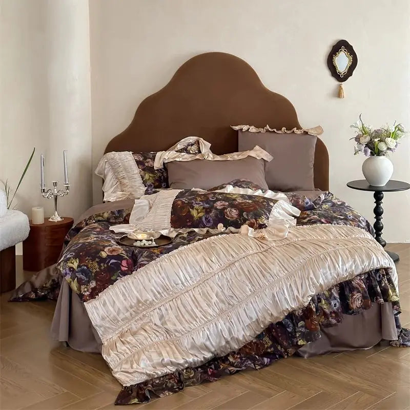 Vintage French Brown Rose Pleated Lace Ruffles Egyptian Cotton 1000TC Bedding Set