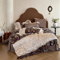 Thumbnail for Vintage French Brown Rose Pleated Lace Ruffles Egyptian Cotton 1000TC Bedding Set