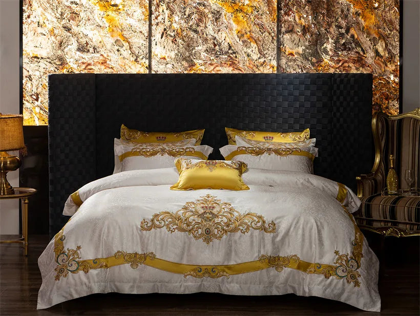 Gold White Baroque Western 1000TC Egyptian Cotton Patchwork Embroidered Bedding Set