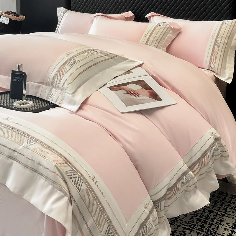 Pink Gold Luxury Brushed Embroidery Duvet Cover Set, 600TC Egyptian Cotton Bedding Set