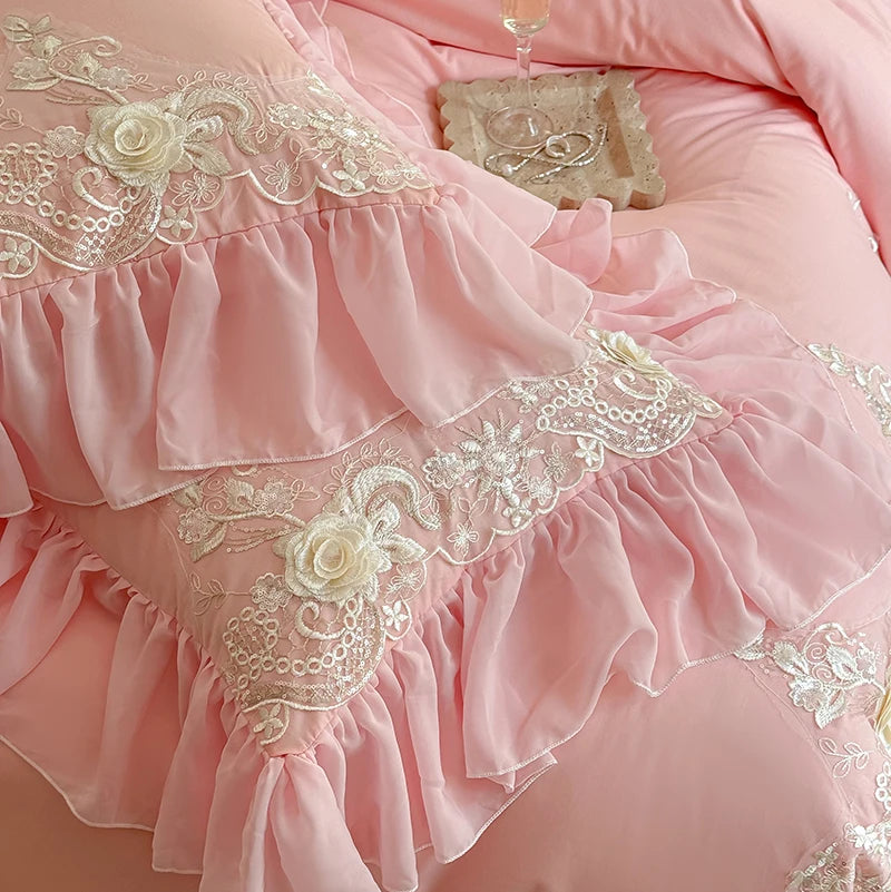 Pink Gold Royal Luxurious French Rose Embroidered Duvet Cover Set, Cotton Bedding Sets