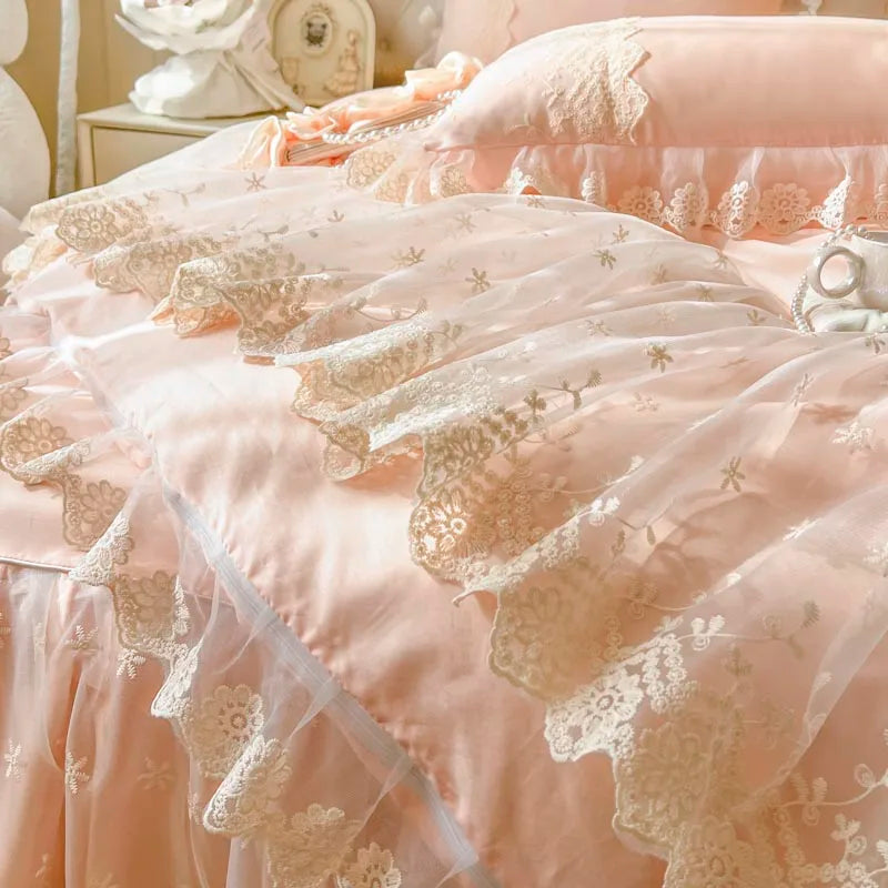 Pink Romantic Korean Princess Lace Ruffles Duvet Cover Set, Cotton Bedding Set