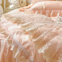 Thumbnail for Pink Romantic Korean Princess Lace Ruffles Duvet Cover Set, Cotton Bedding Set