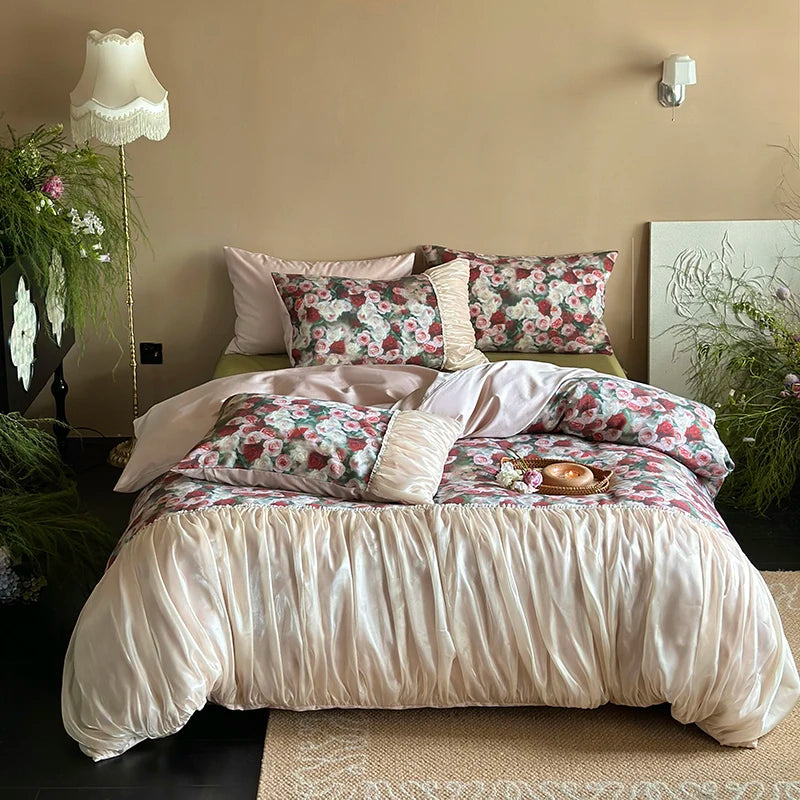 Vintage European Rustic Rose Prints Egyptian Cotton 1000TC Bedding Set