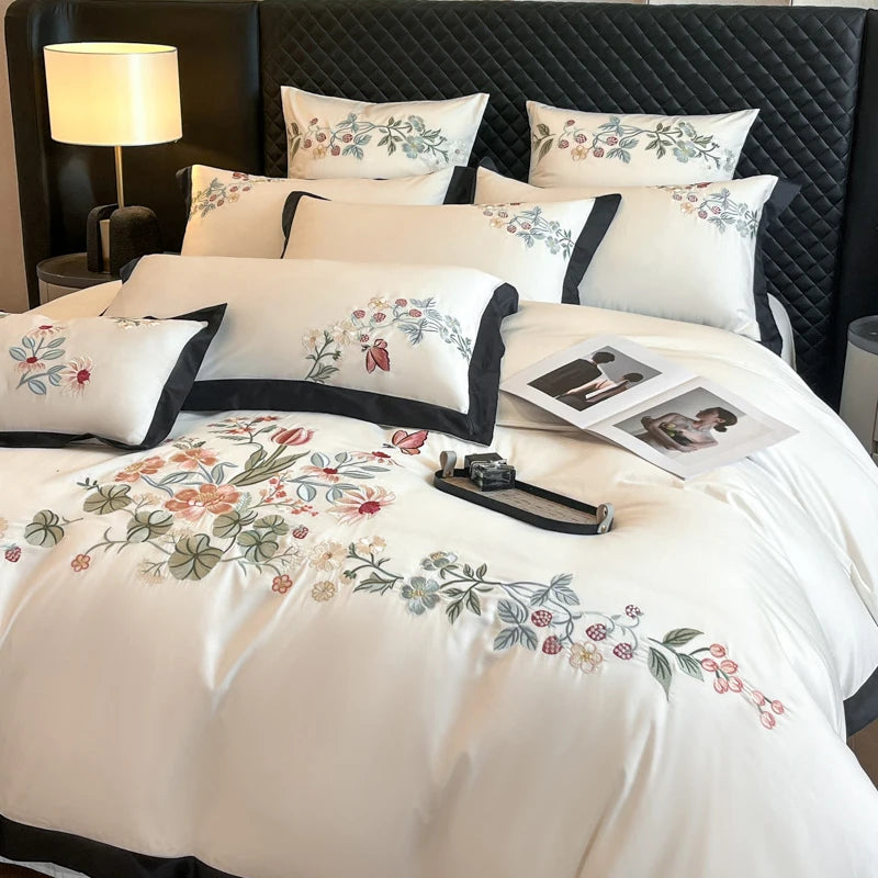 Vintage Europe Flowers Embroidered Skin-friendly Cotton Bedding Set