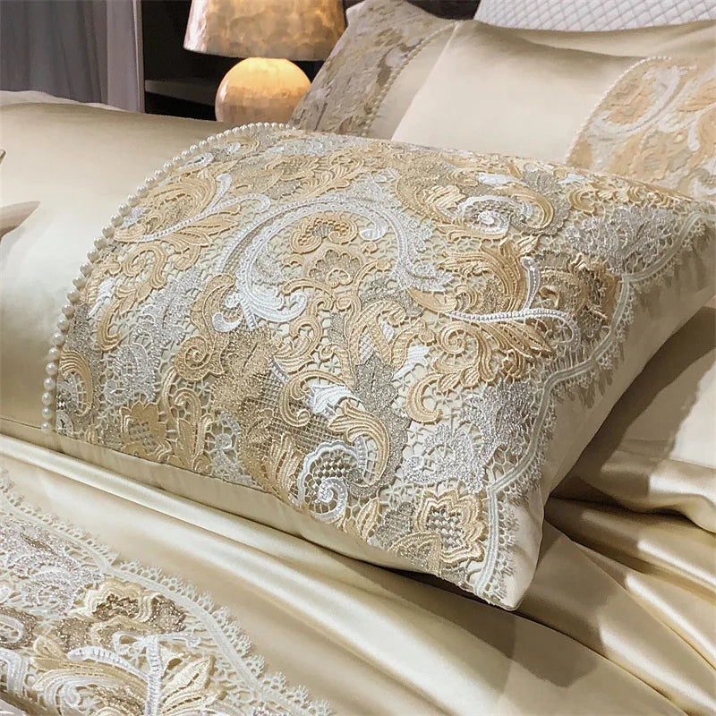 Gold Baroque European Luxury Egyptian Cotton Patchwork Bedding Set