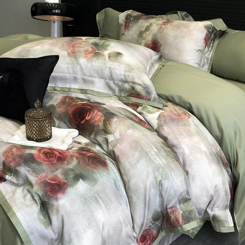 Red Rose Chic Print Flower Lyocell Natural Skin-friendly Breathable Bedding Set