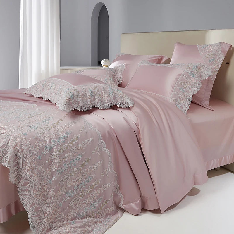 Pink Elegant European Satin Wedding Egyptian Cotton 1000TC Bedding Set