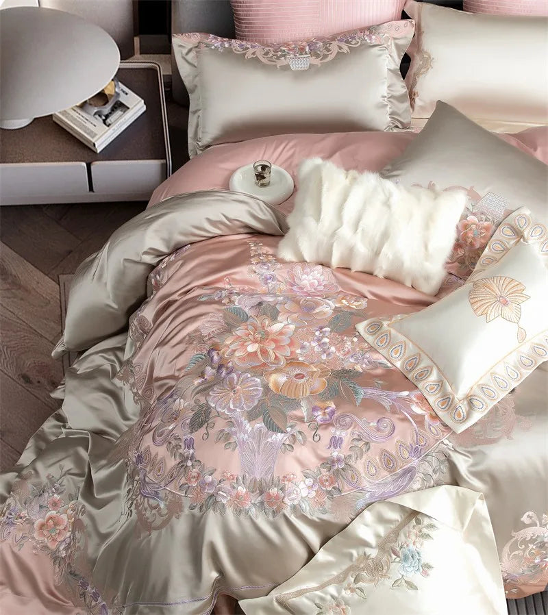 Victorian Pink Peony Flowers 1000TC Cotton Satin Patchwork Bedding Set