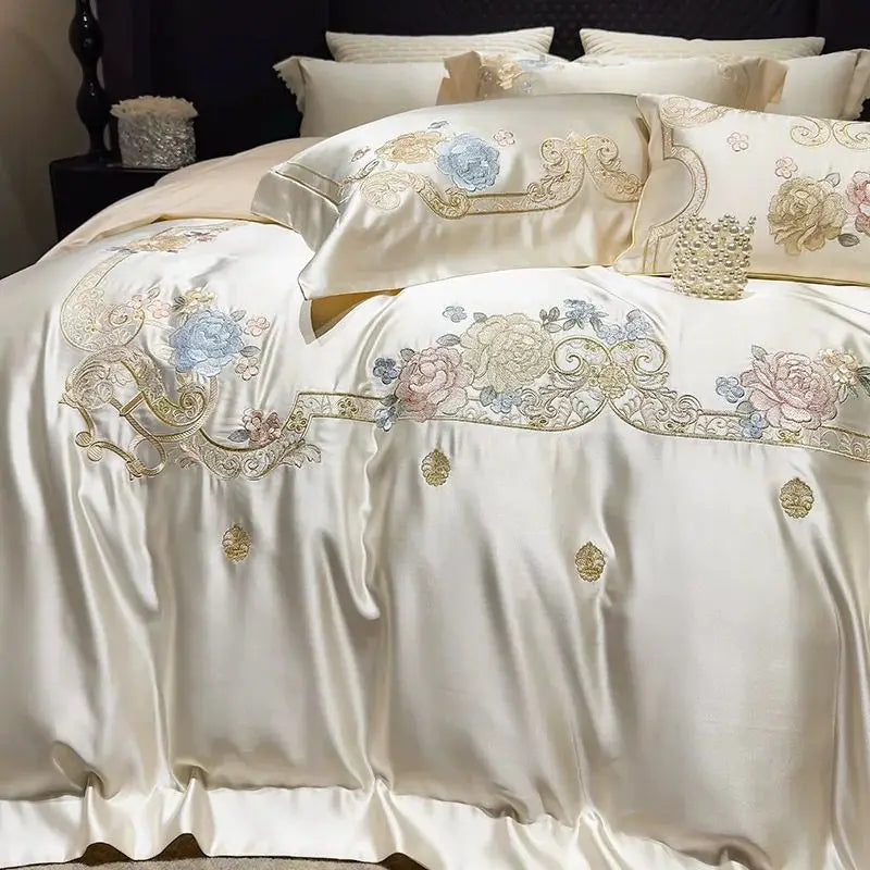 Luxurious Champagne Patchwork Rose Egyptian Cotton 1000TC Flowers Embroidered Bedding Set