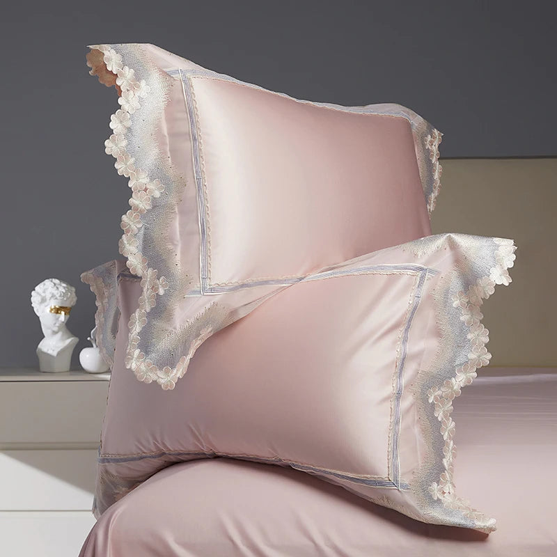 Pink Champagne Romantic French Satin Silky Duvet Cover Set, Egyptian Cotton 1000TC Bedding Set