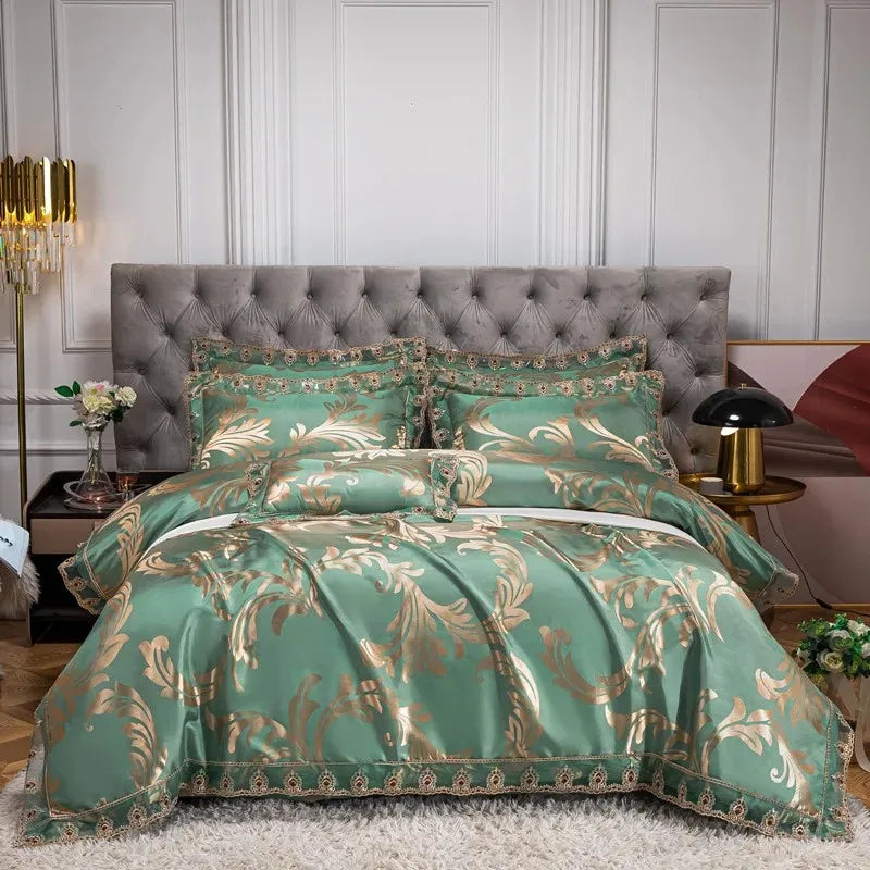 Green Gold Jacquard Weave Chic Soft Satin Bedding Set