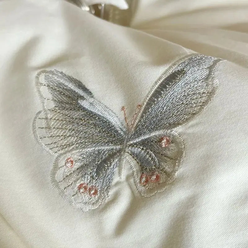 Rose Chic Butterfly Flowers Wedding Embroidery, 100% Cotton Duvet Cover Bedding Set