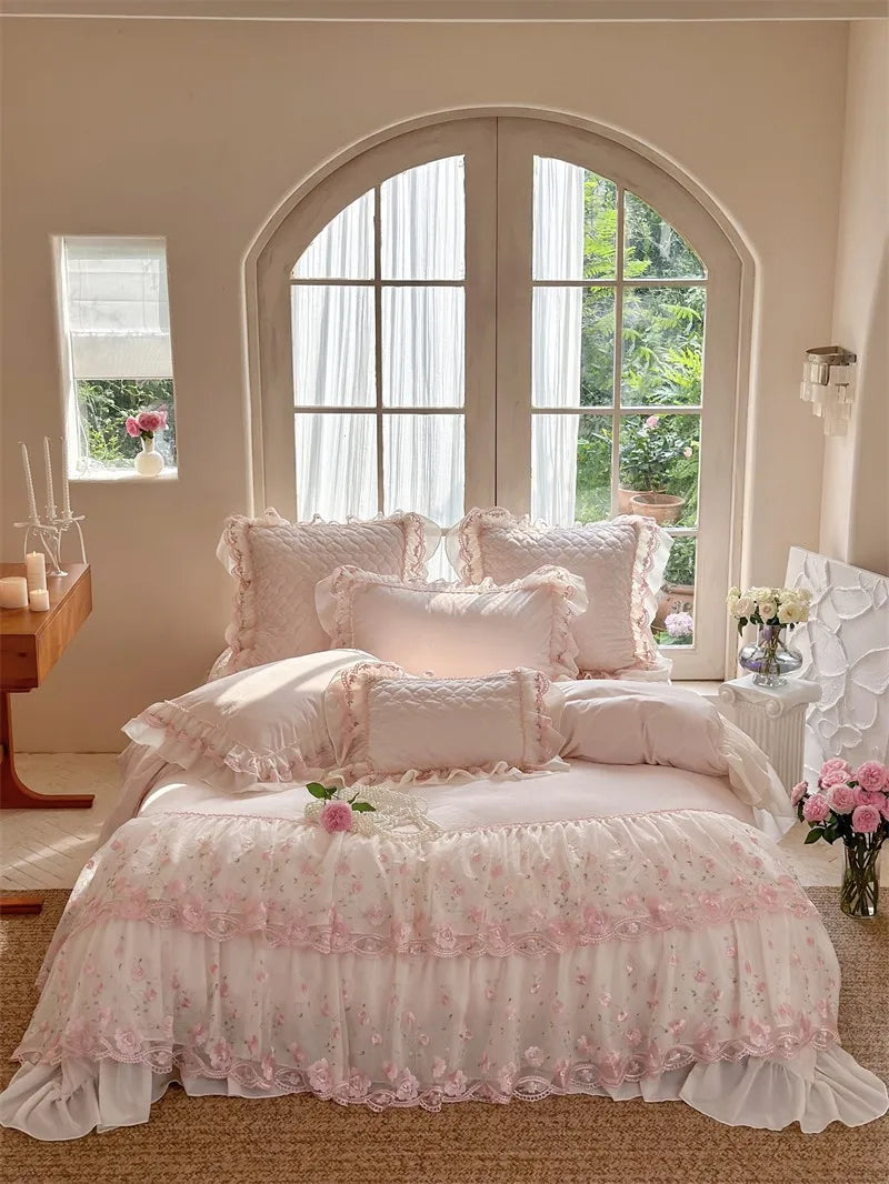 Victorian Pink Floral Crystal Velvet Bedskirt Bedding Set