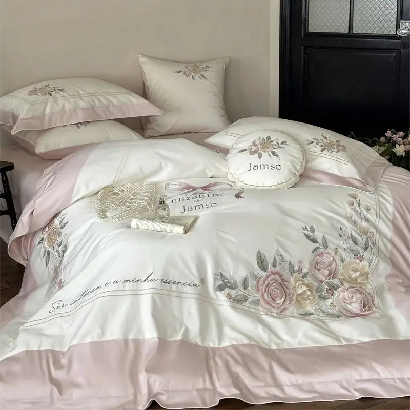 Victorian Peony Flowers Embroidered Princess Egyptian Cotton 1000TC Bedding Set