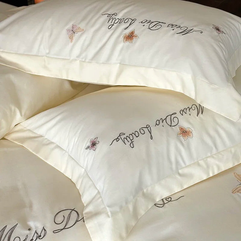 White Luxury Butterfly Flowers Embroidered Duvet Cover Set, Cotton Bedding Set