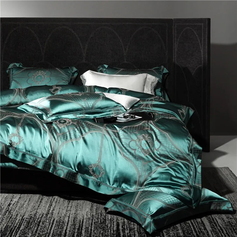 European Peacock Blue Gray Luxury Jacquard Egyptian cotton 1000TC Bedding Set