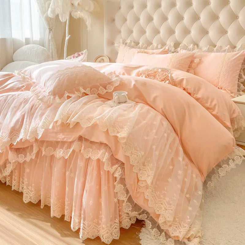 Pink Romantic Korean Princess Lace Ruffles Duvet Cover Set, Cotton Bedding Set