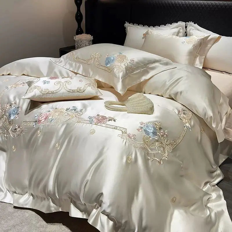 Luxurious Champagne Patchwork Rose Egyptian Cotton 1000TC Flowers Embroidered Bedding Set