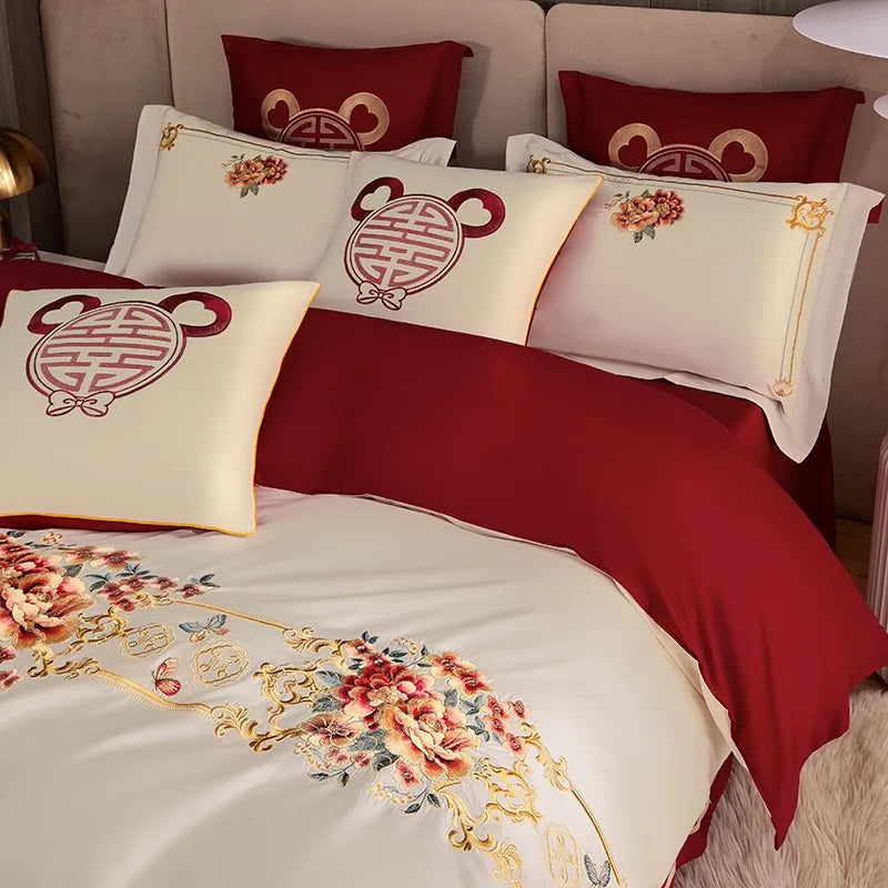 Luxury Red Happiness Blossom Embroidered Wedding Egyptian Cotton 1000TC Bedding Set