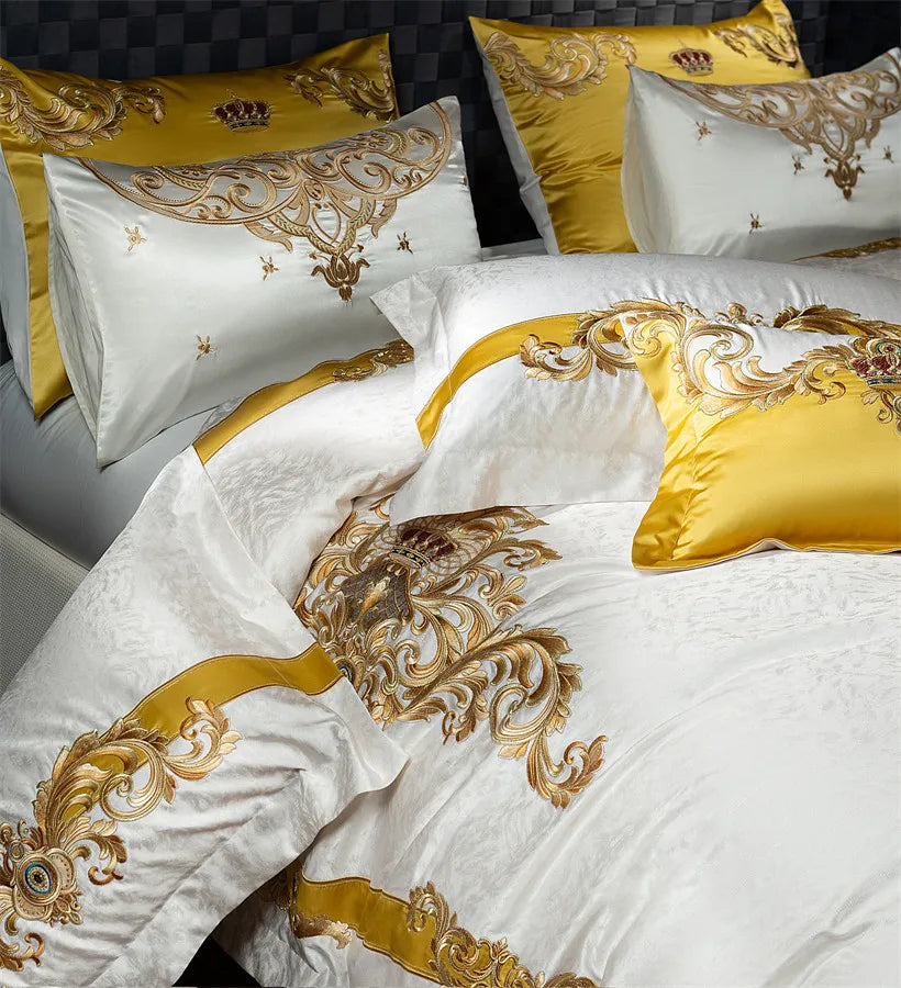 Gold White Baroque Western 1000TC Egyptian Cotton Patchwork Embroidered Bedding Set